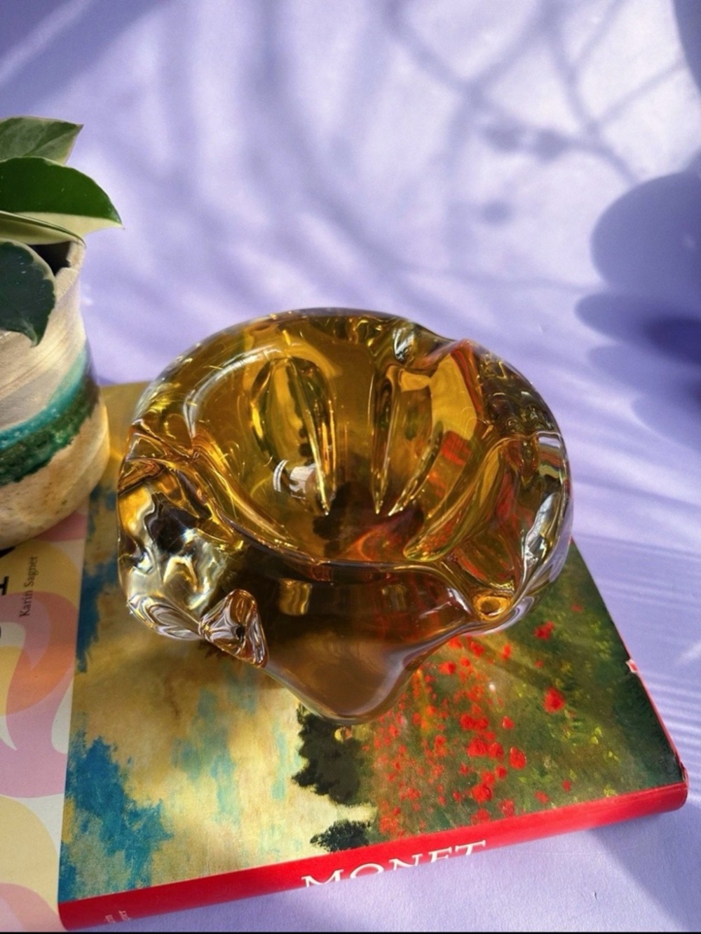 Vintage 1960s Murano Glass Cigar Ashtray Yellow Amber Clear Accents Heavy